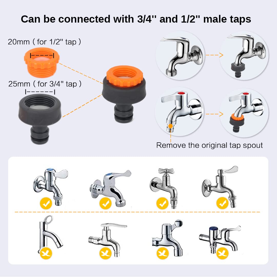 Garden Hose Connector for Hose Pipe, Outside Tap to Hose, Hose to Hose Connector Fittings Set - 6 Quick Connector for Hose, 2 Adapter Connector for Tap 3/4''&1/2'' 2 in 1, 2 Double Male Hose Connector