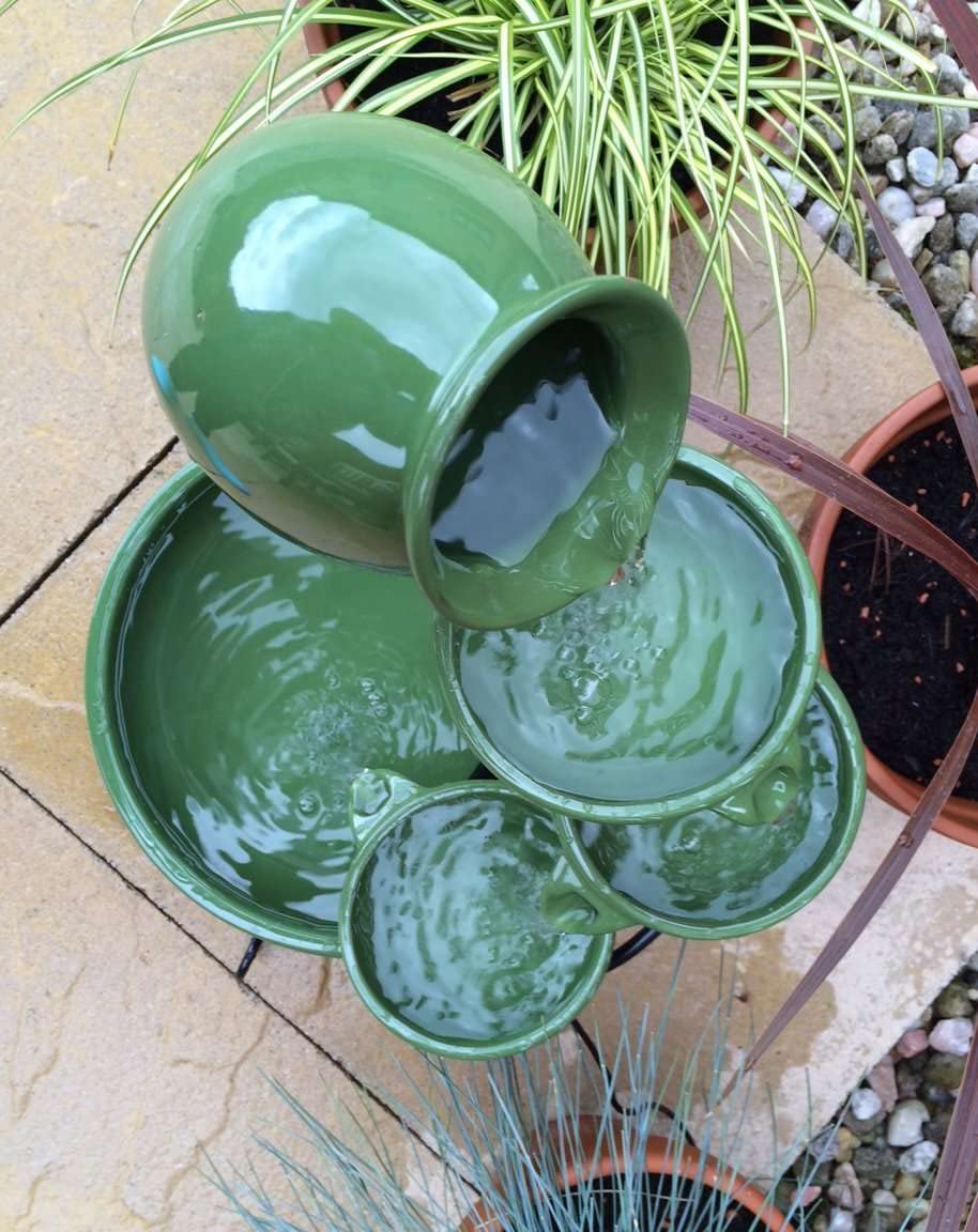 Primrose 55cm Green Solar Powered Ceramic Jug & Bowl Outdoor Water Feature with Battery Backup and LED Lights