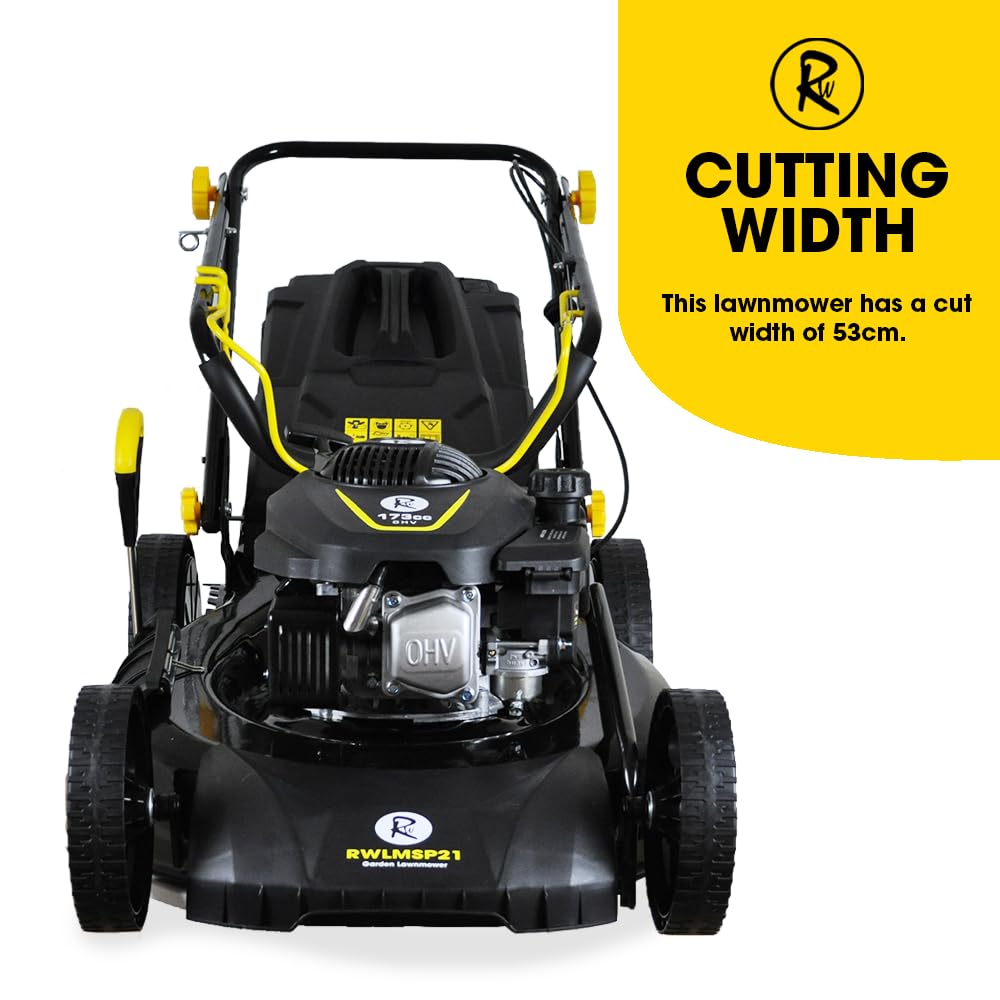 21″ Self Propelled RocwooD Petrol Mulching Lawnmower Folding Handle Side Chute 51CM Cut Width Rotary Blade 65 Litre Capacity 7 Cut Positions 173CC Engine
