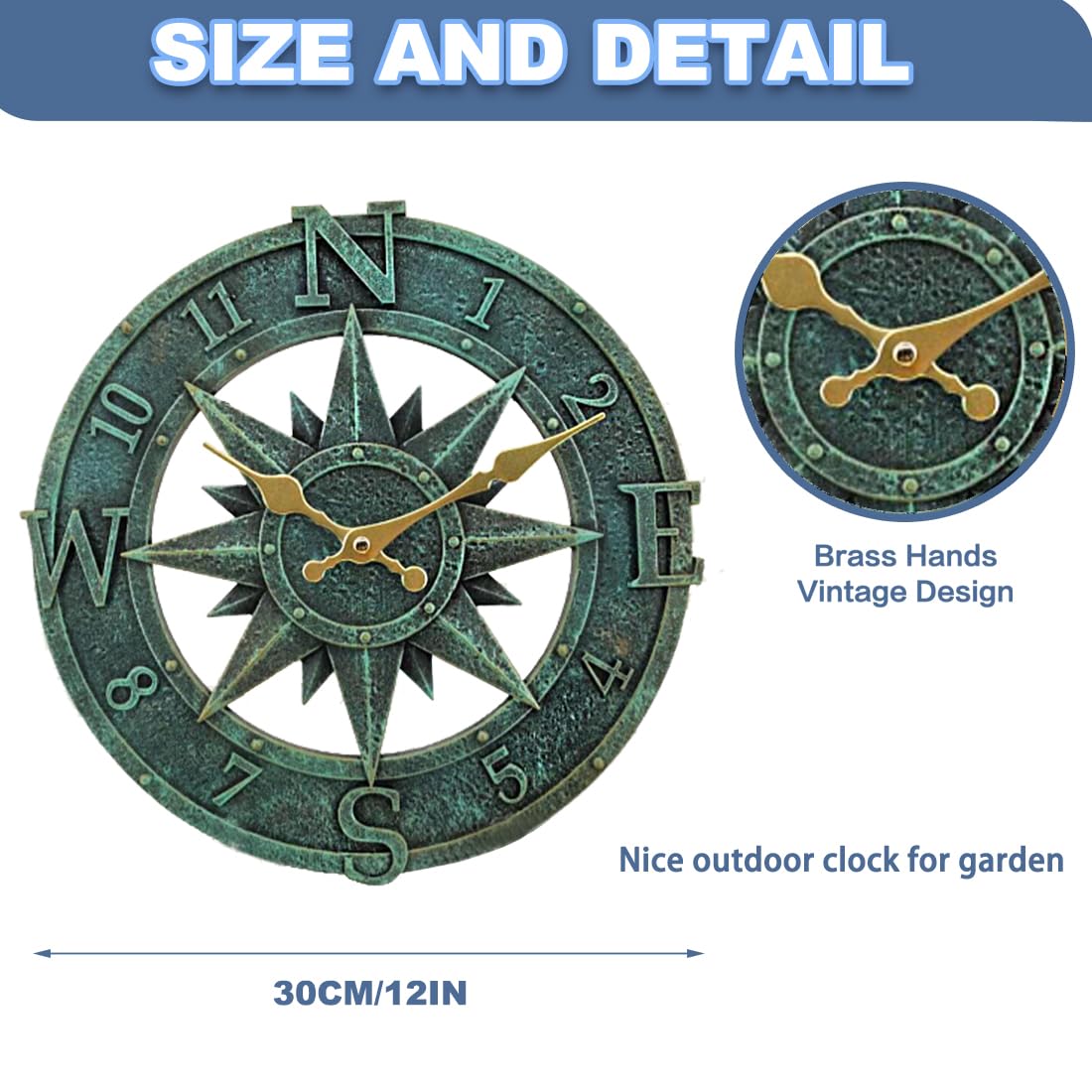 Taodyans Outdoor Wall Clock 30cm Outside Waterproof Garden Clock Quartz Battery Operated Round Clocks Retro Home Kitchen Living Room Decor Clocks -Not Silent (Turquoise)