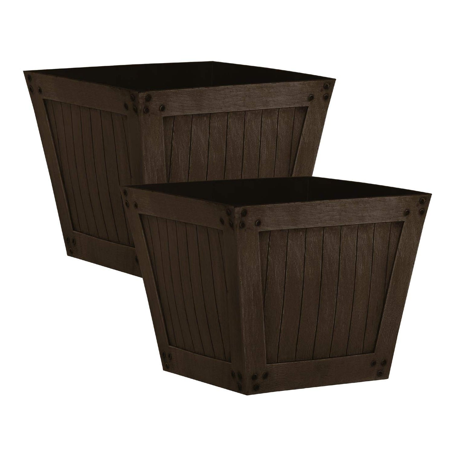 Slatted Wood Style Plastic Planter - Dark Brown, Set of 2 - Suitable for Indoor or Outdoor Use - 34cm (H) x 40cm (Dia)