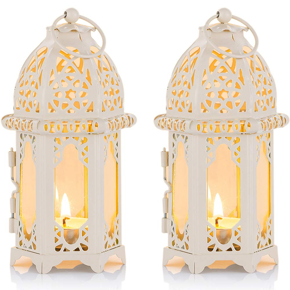 NUPTIO Ramadan Lantern Decorations for Home: Metal Glass Moroccan Tealight Candle Holder Eid 2 Pcs Fanoos Ramadan Wedding Table Decoration Hanging Patio Indoors Outdoors, White