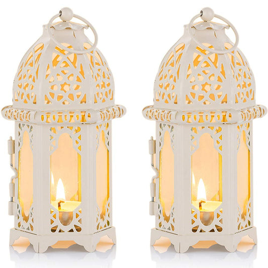 NUPTIO Ramadan Lantern Decorations for Home: Metal Glass Moroccan Tealight Candle Holder Eid 2 Pcs Fanoos Ramadan Wedding Table Decoration Hanging Patio Indoors Outdoors, White