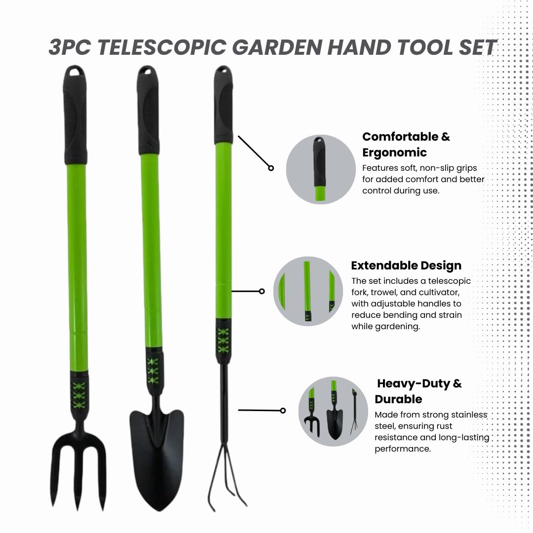 HomeVibe 3PC Telescopic Garden Hand Tool Set – Extendable Gardening Fork, Trowel & Cultivator – Adjustable Handle for Comfortable Planting & Weeding