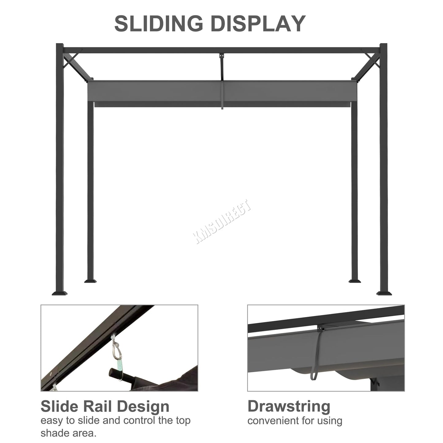 BIRCHTREE Steel Frame Pergola Gazebo 180g PE Polyester UV-Resistant Backyard Garden Sun Shade Roof Shelter Porch Awning Retractable Slide Canopy Outdoor Grape Trellis Patio 3X2M Grey
