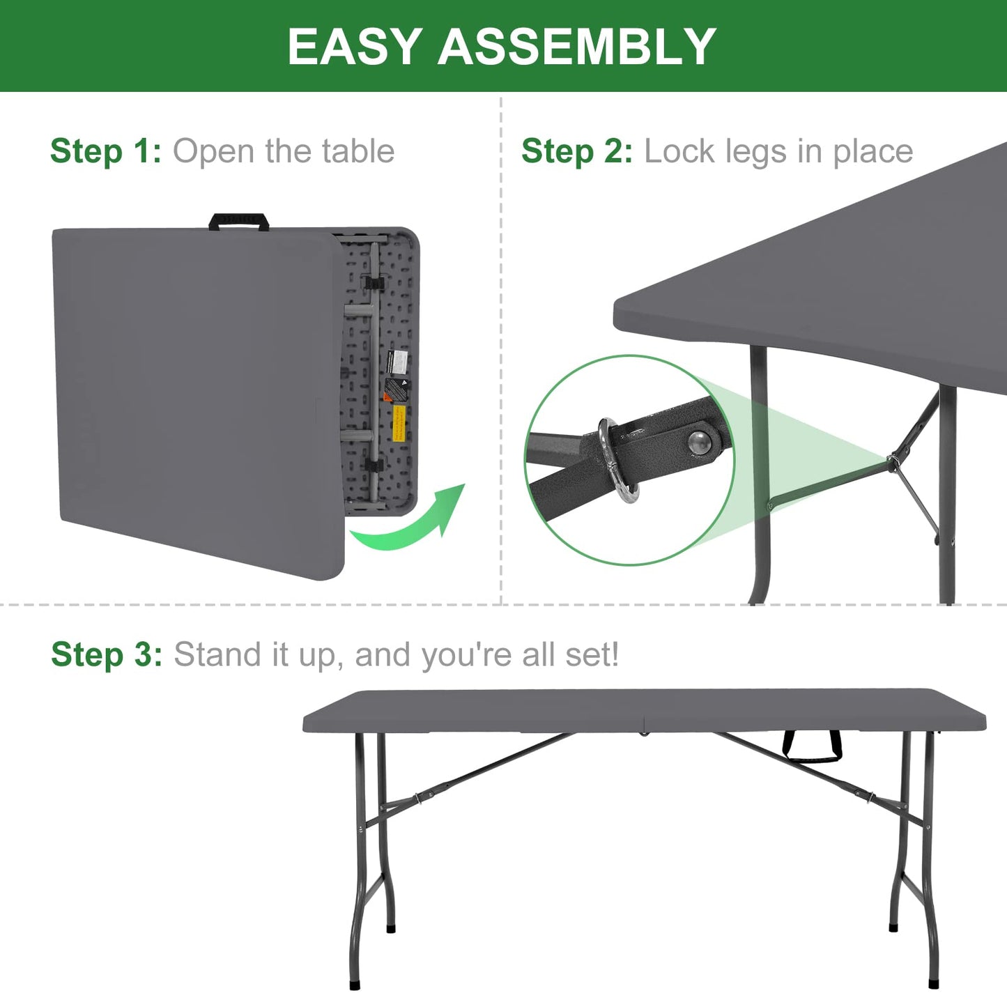 Rainberg 6ft Heavy Duty Folding Table, Tabletop & Sturdy Metal Frame, Foldable Table with Handle, Waterproof, Portable, & Easy Assembly, Ideal for Parties, BBQ, Camping, Beach, Indoor & Outdoor Use