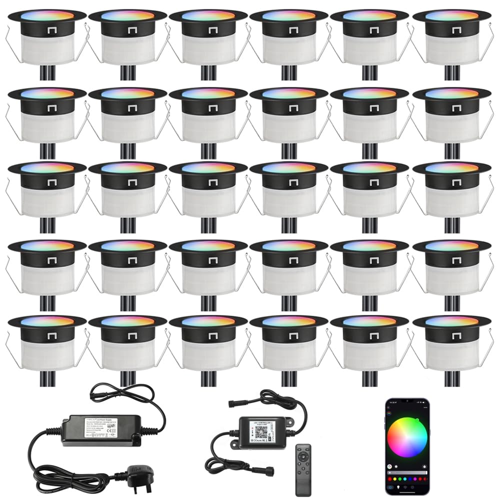 INDARUN RGBW WiFi Led Decking Lights Waterproof IP67 Ø31MM 12V - Led Plinth Light Kits for Terrace/Patio/Path/Wall/Garden/Decoration, 30 Packs