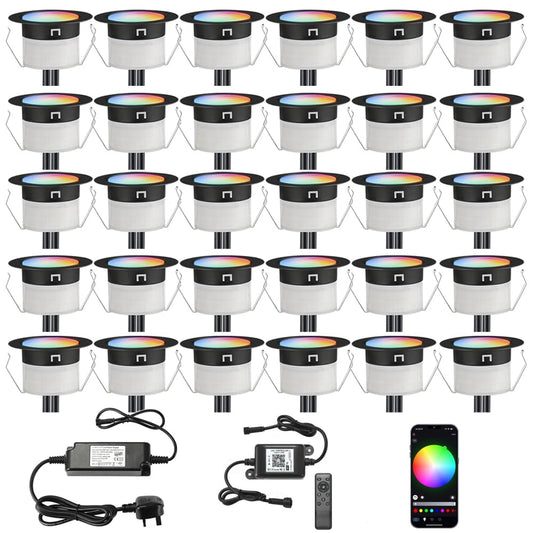 INDARUN RGBW WiFi Led Decking Lights Waterproof IP67 Ø31MM 12V - Led Plinth Light Kits for Terrace/Patio/Path/Wall/Garden/Decoration, 30 Packs