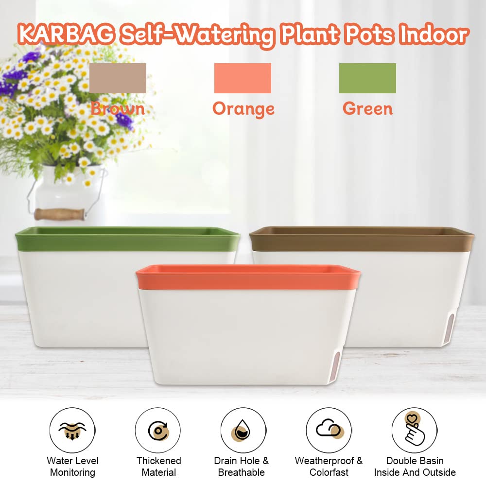 KARBAG Set of 3 Self Watering Plant Pots, 10.6inch Windowsill Herb Planter Box Rectangular Plastic Flowerpots Modern Decorative Flower Pot with Visual Water Level Window for Indoor Outdoor Patio