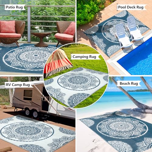 Famibay Outdoor Rug Waterproof Plastic Straw Garden Rugs Reversible Rug 120 x 180 cm Outdoor Patio Carpet UV Resistant Portable Mandala Area Rug for RV Balcony Picnic Blue