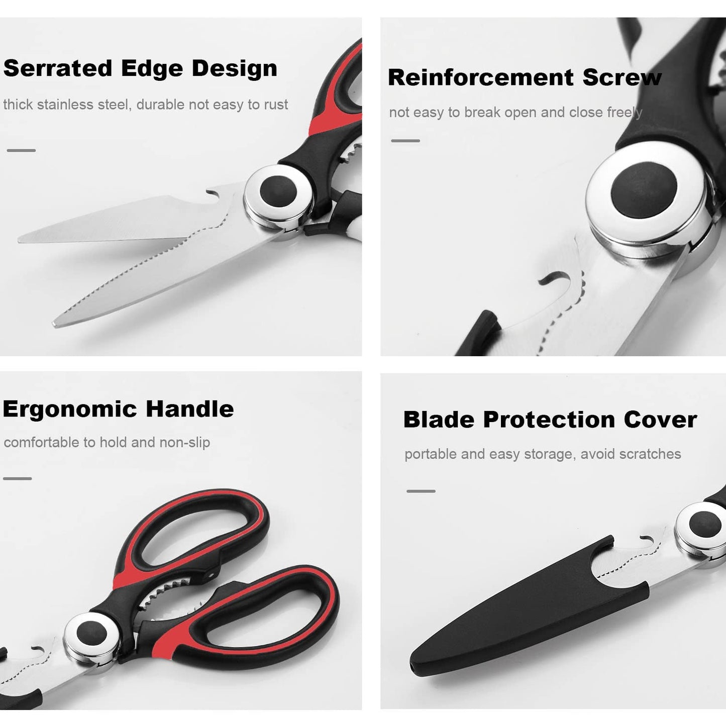 Heavy Duty Kitchen Scissors, Sharp Stainless Steel Scissors for Kitchen, Multipurpose Shears for Garden, Chicken, Poultry, Fish, Meat, Vegetables, Herbs, BBQ, Nuts (Red)