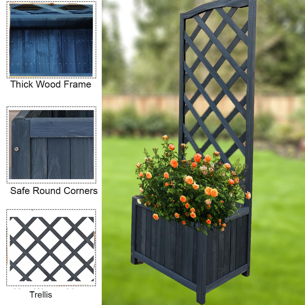 Wooden Planter with Lattice Trellis Panels for Vines Garden Climbing Plants Flowers, Free Standing Plant Pot Box for Garden Patio Raised Bed,L45 x W30 x H120 cm, Grey