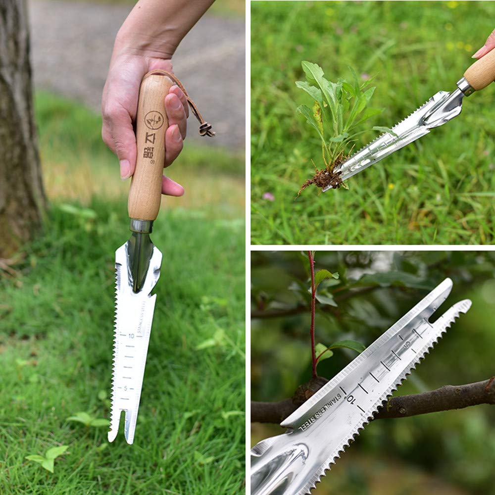jiaguan Wooden handle Manual Weeder Tool Weed Puller Garden Weeder Shovel for Garden Digging Transplanting Weeding Grass, Stainless Steel Weeder with Measure weeding tools for garden