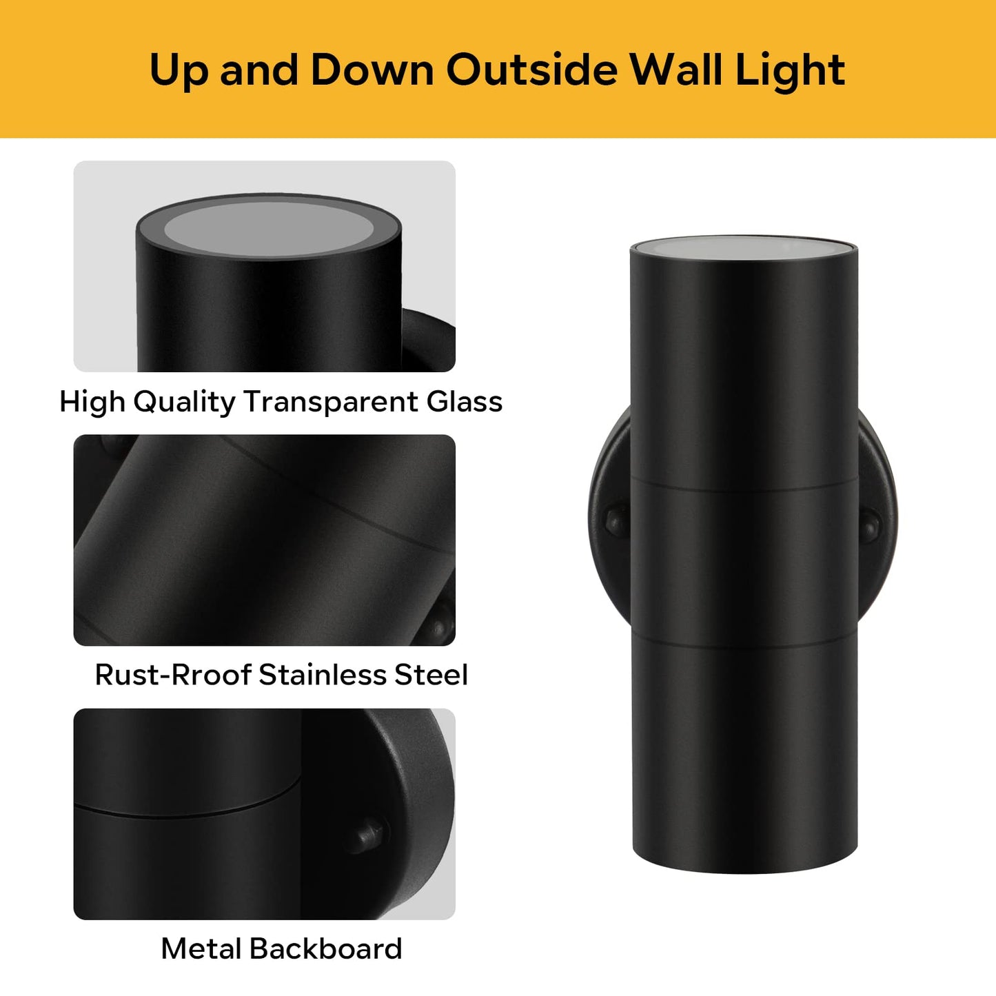 Kerry Outdoor Wall Lights, Up Down Mains Powered Lighting, Black Stainless Steel IP44 Waterproof, Exterior Wall Sconce for Indoor, Front Door, Patio, Hallway, Porch, Garden, Garage, Post - 2 Pack