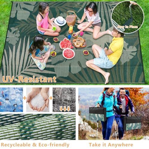 Homcomodar Outdoor Rugs 150x245cm Portable Camping Mat Reversible Mats Lightweight Plastic Straw Rug UV Resistant Patio Rug for Balcony Beach BBQ Deck(Green)