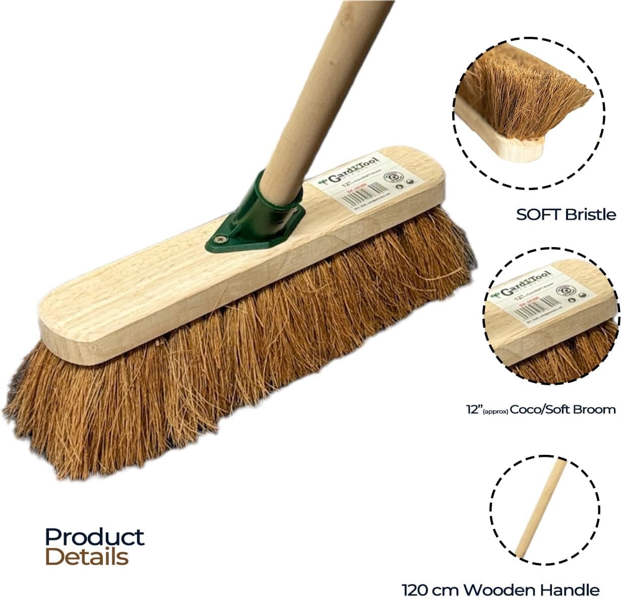 12" inch Natural Soft Coco Sweeping Broom with Wooden Handle Soft Bristle Sweeping Brush Ideal for Indoors and Outdoors Durable Home, Garage, Patio, Yard & Garden Broom