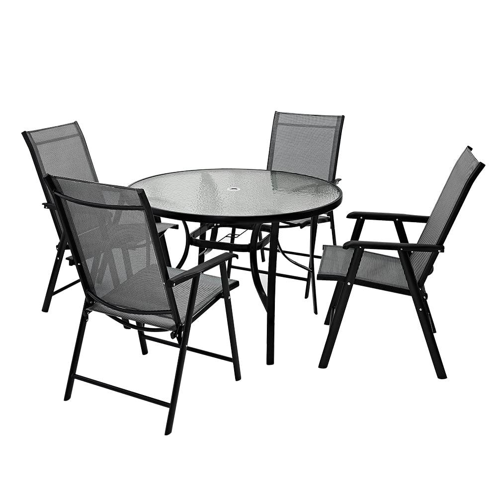 Panana 105cm Round Garden Dining Table with Parasol Hole, Outdoor Coffee Table with Tempered Glass Tabletop and Metal Frame for Conservatory, Patio, Balcony