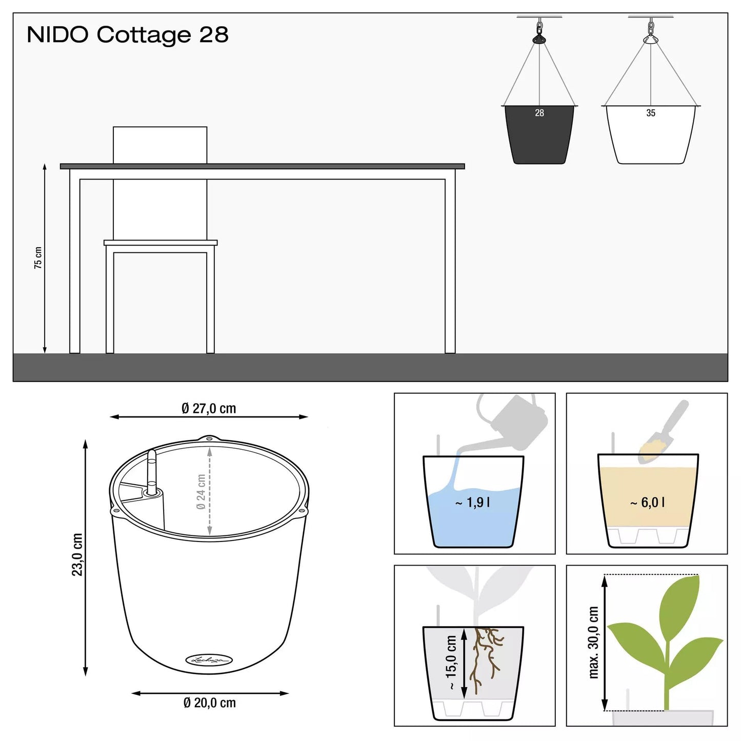 Lechuza Self Watering Hanging Plant Pots NIDO Cottage 28 Rattan Look Plastic Outdoor Indoor Planter with Drainage Hole D27 H23 cm White