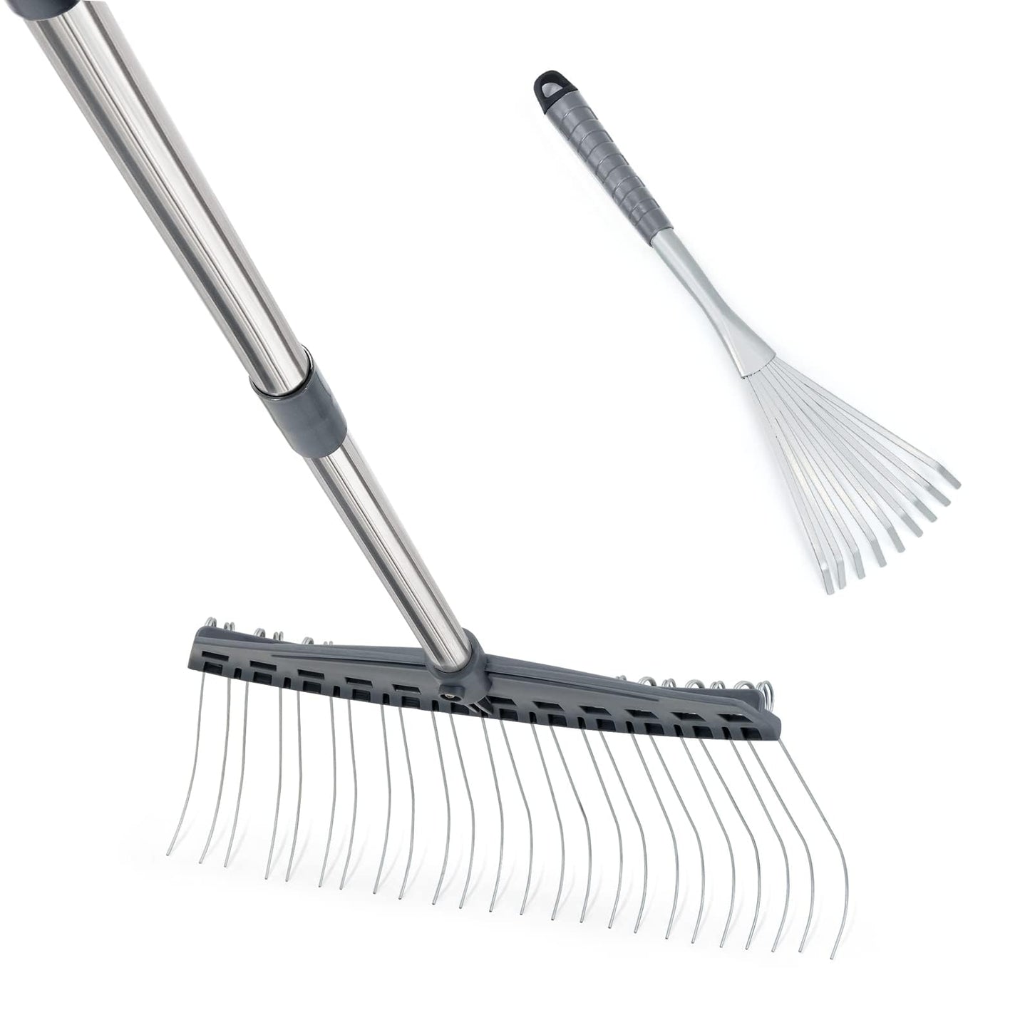 Hortem Garden Leaf Rake Set include 64-160cm Yard Thatch Rake Adjustable and 43cm Hand Rake, Lawn Rakes Used for Leaves, Thatch, Gravel