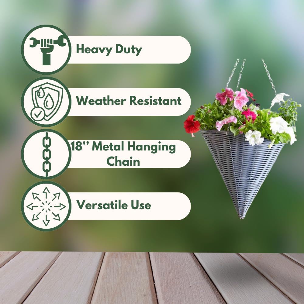 Garden Mile® Garden Hanging Flower Basket 14'' Cone Rattan Effect Plant Holder Outdoor Plant Pot Planter with Hanging Chain Grey Wicker Flower Pot Basket Pre-Lined for Easy Planting