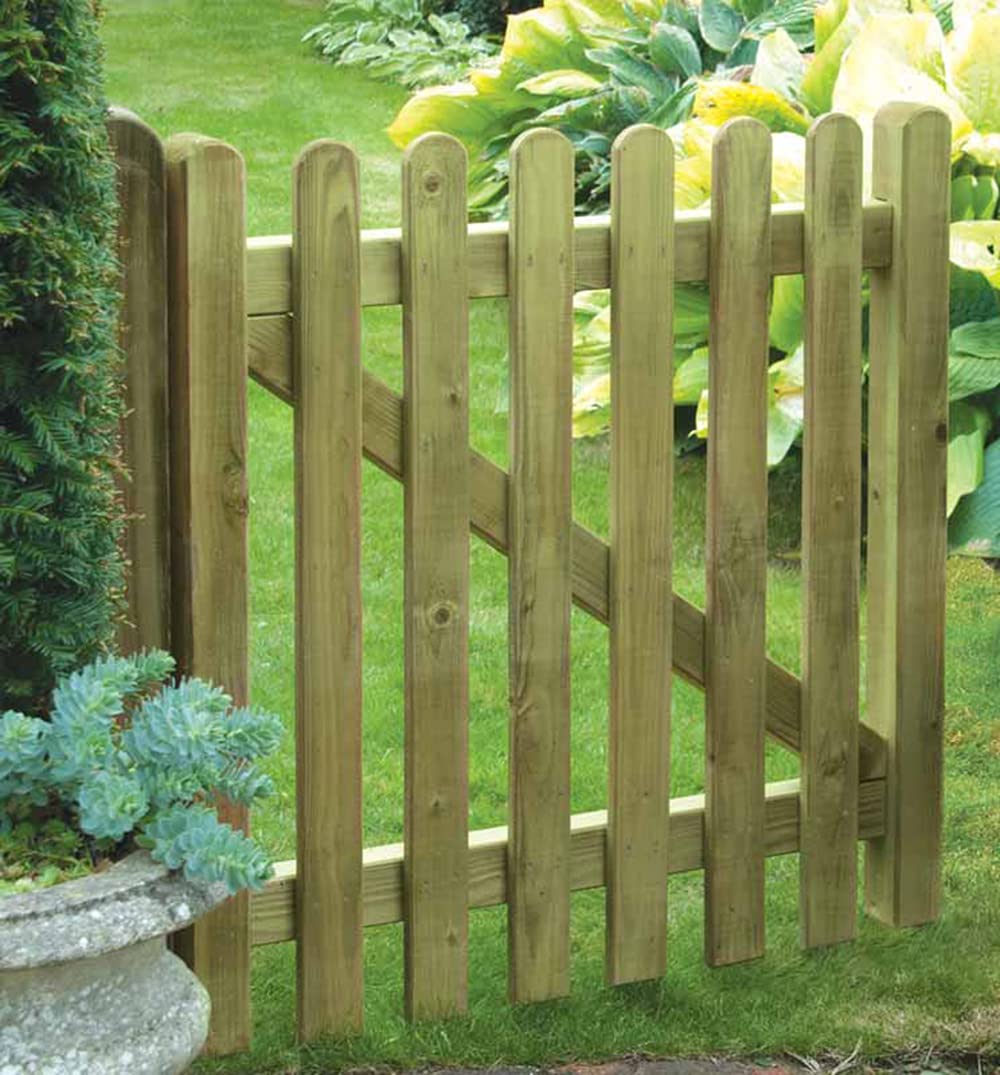 tradefirst Round Top Picket Garden Gates, Wooden Picket Fence Panels 3ft, Garden Gate 90cm Wide, FSC TANALISED Wooden Gate, Outdoor Gate H x L (90cm x 90cm)