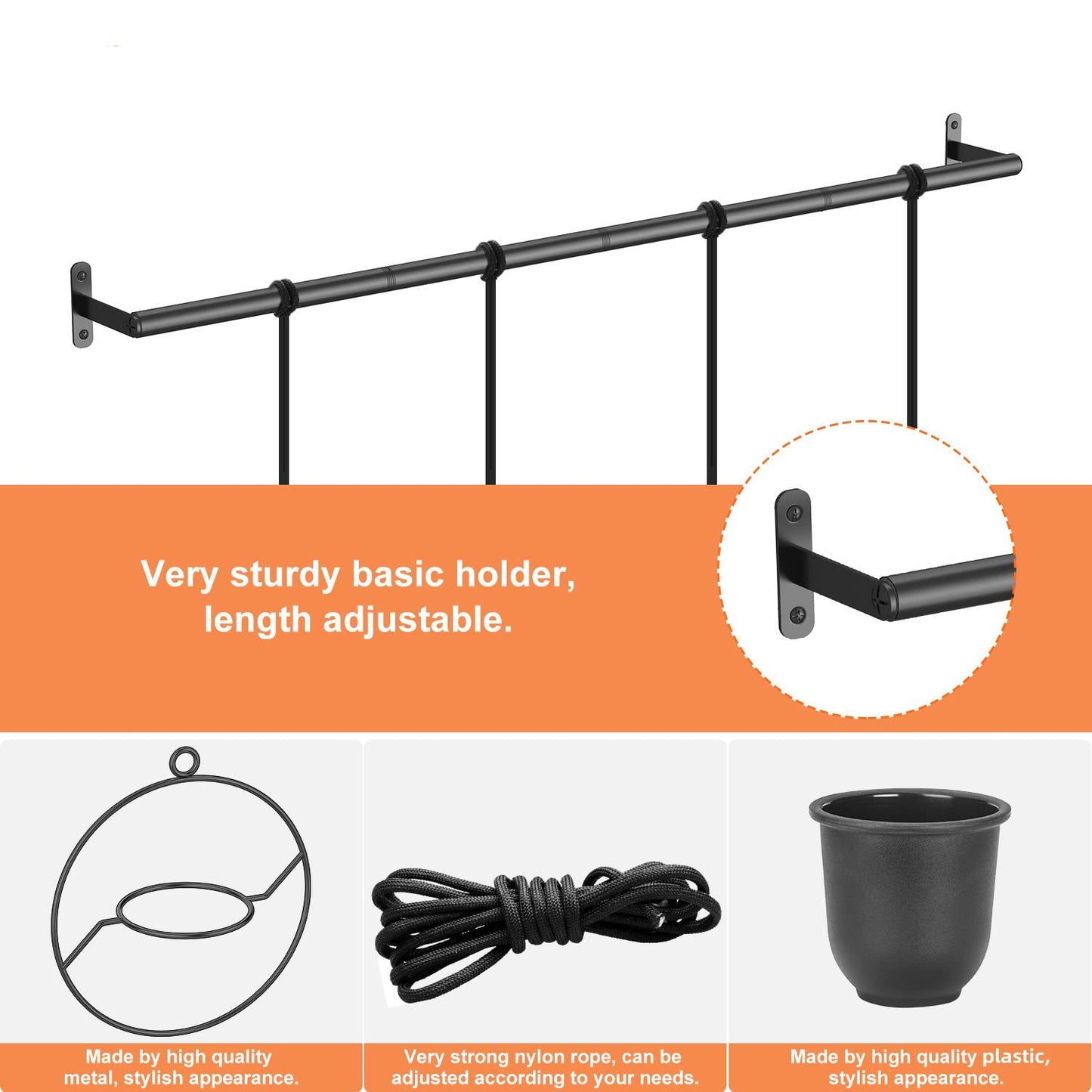 Mutool Hanging Planter Pots for Indoor Herb Garden, 4 Pack Garden Hanging Basket Kit with Melamine Planters, Hanging Rope & Modern Wall and Ceiling Hanging Plant Holder, Black