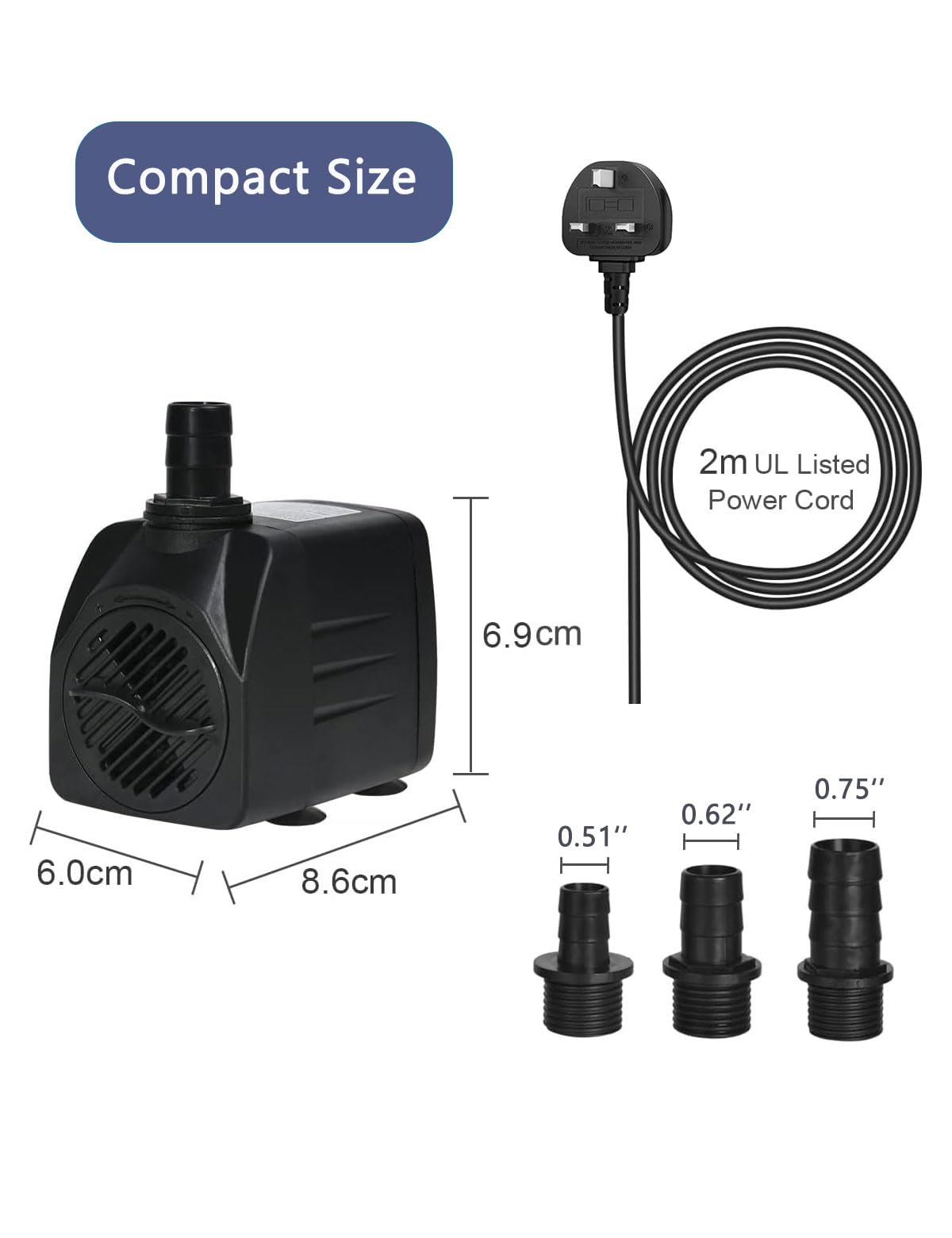 KINGYEENUO Aquarium Pump, Water Pump, Pond Pump, Submersible Pump 25W, 400GPH(1500L/H), 3 Nozzles, with 8.2ft High Lift, Ultra Quiet Water Pump for Aquariums, Fish Tank, Pond Fountain, Hydroponics