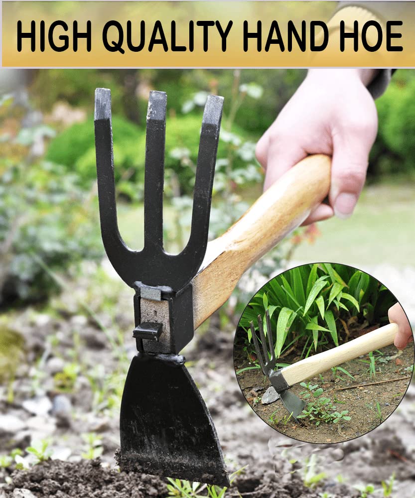 LANYOTA Garden Hoe,Garden Tools Digging Hoe and Rake, Hand Hoe With Wooden Handle for Loosening Soil and Weeding(2in1- Hoe and Rake)