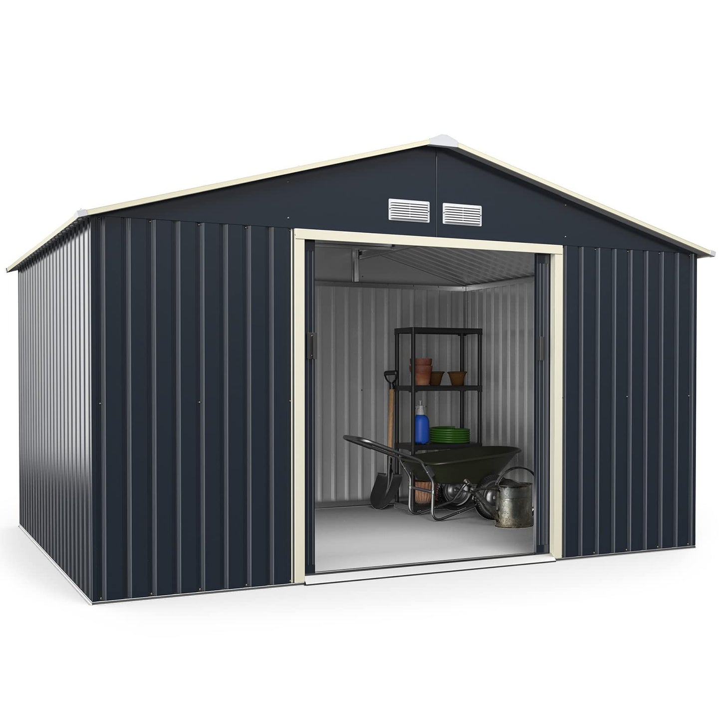 GiantexUK 7x4FT/9x6FT/9x8FT/11x8FT Metal Garden Shed, Outdoor Galvanized Storage House with 2/4 Vents & Lockable Sliding Doors, Slope Roof Utility Shed Building (11x8FT, 4 Vents)