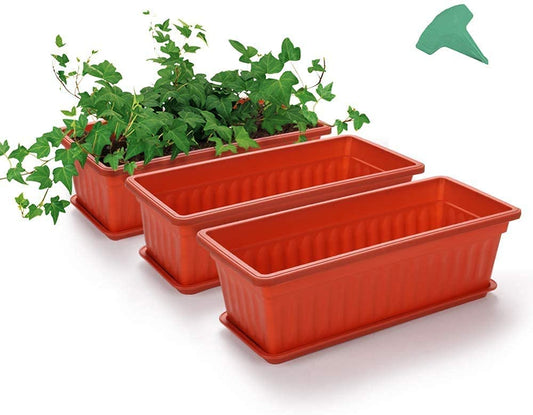 MSYU 3 Packs 17 Inches Terracotta Color Flower Window Box Plastic Vegetable Planters with 15 Pcs Plant Labels, for Windowsill, Patio, Garden, Home Décor, Porch (3 PCS, Orange)