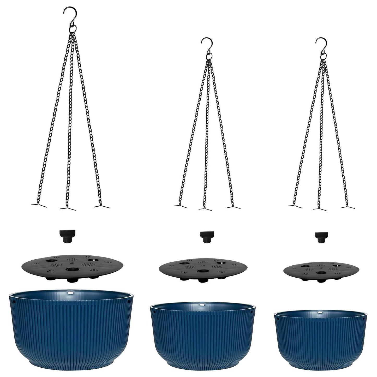 RooTrimmer Hanging Planters for Indoor Plants 9/10/11 Inch, 3 Pack Plant Hanger Outdoor with Drainage Holes, Self Watering Hanging Basket Flower Pot for Garden Home Decor, Dark Blue