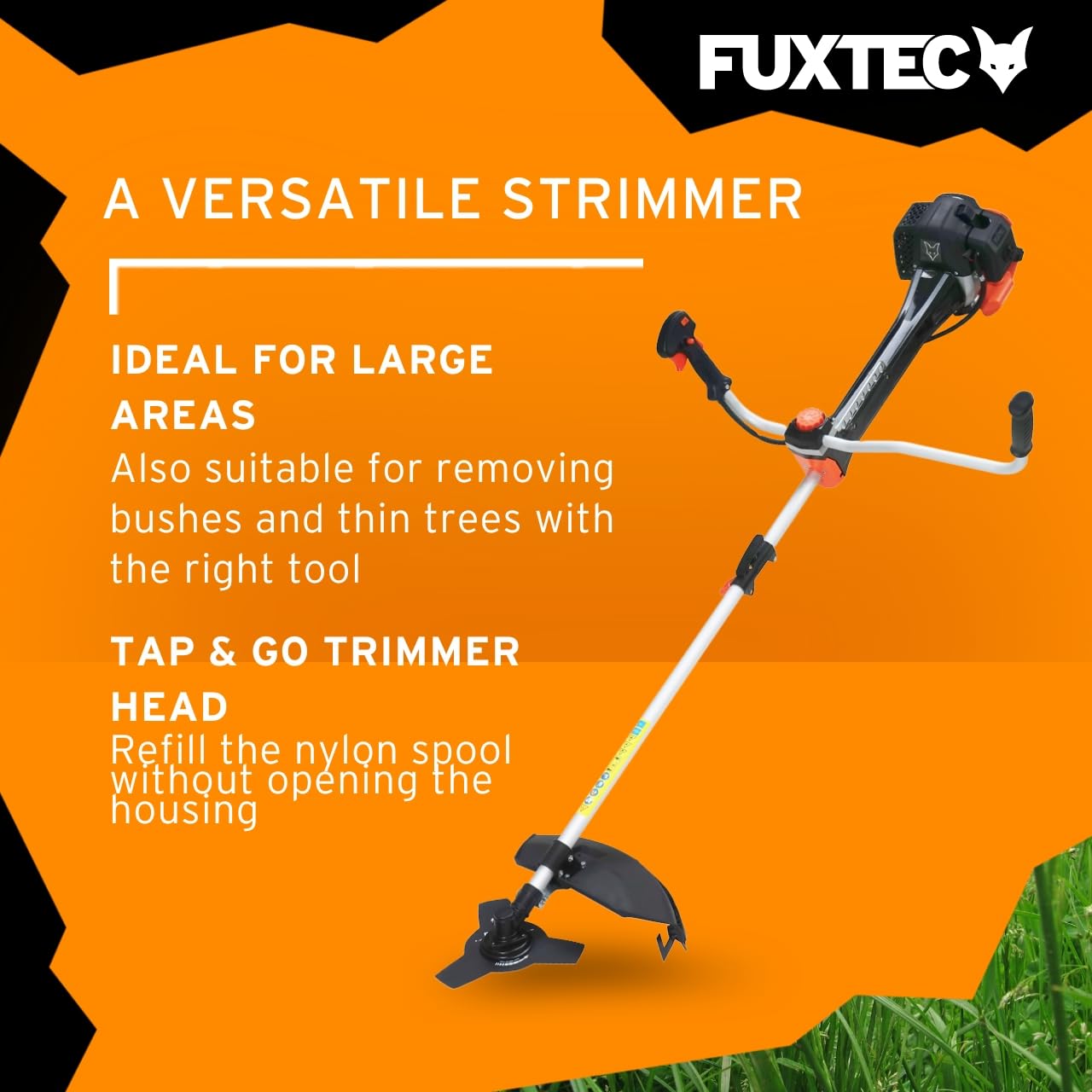 FUXTEC 52cc Petrol Professional Strimmer, Grass Trimmer & Brush Cutter – 2.95HP 2-Stroke Engine, Anti-Vibration System, Motor Scythe – 2-in-1 Garden Tool for Lawn & Brush Cutting – FX-PS152