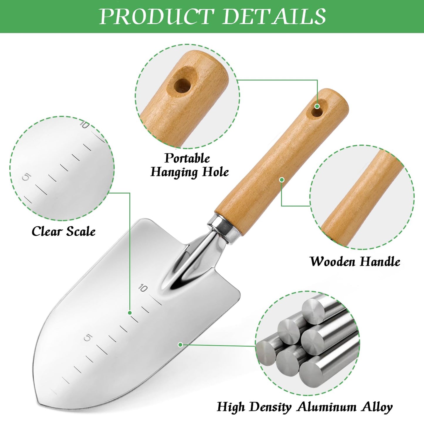 Garden Trowel with Wood Handle, Aluminum Alloy Garden Shovel with Scale, Multifunctional Wide Shovel for Planting Transplanting Weeding Digging