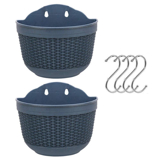 Set of 2 Pcs Hanging Planters Outdoor Hanging Basket Plastic Flower Pot Plants Holder Hanger for Balcony Fence Wall Mounted Planters Hanging Fence Planters with Drainage and 4 Hooks (F)