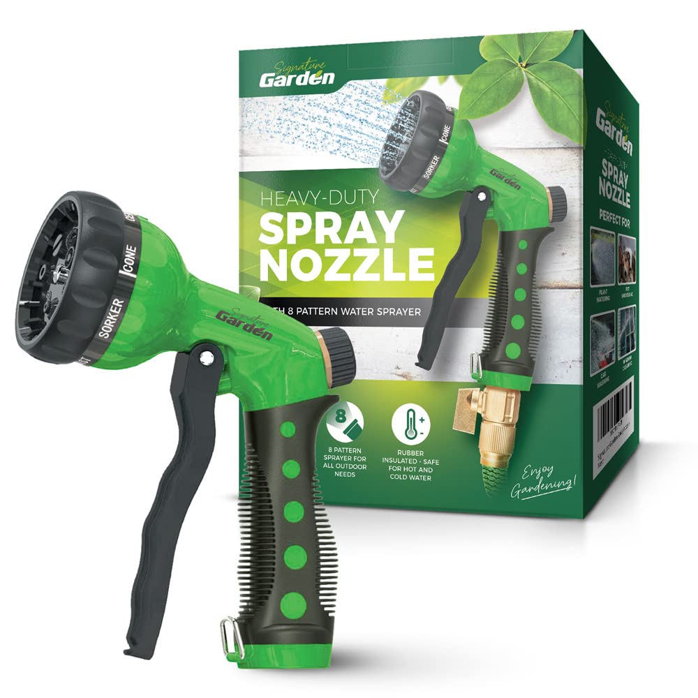 Signature Garden High Pressure Water Hose Spray Nozzle Sprinkler Head Hose Attachment - 8 Sprayer Patterns - Garden Hose Nozzle - Watering Lawns & Gardens, Washing Cars & Pets (Green)|Home Improvement