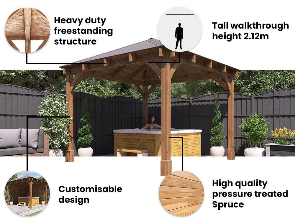 Dunster House Wooden Heavy Duty Gazebo 3 x 3 Metres Pressure Treated Hot Tub Shelter With Roof Shingles Leviathan