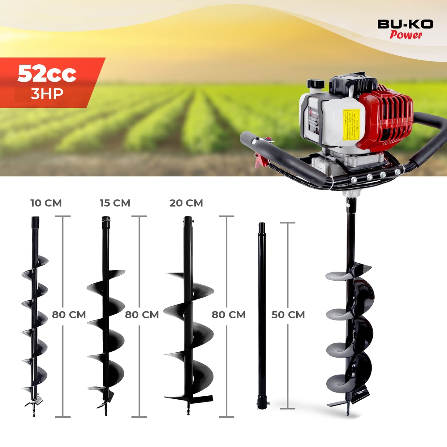 BU-KO 52CC 2Stroke Petrol Earth Auger Fence Post Ground Hole Borrer Digger 3HP V-Type | 3 Drill Bits Diameter (100,150,200mm), Safety Gear, Post Level & Extension