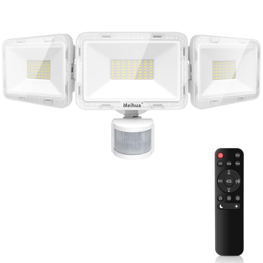 MEIHUA 70W Security Lights Outdoor Motion Sensor, 6580LM PIR Floodlight 4 Modes with Remote Control, IP66 6500K Motion Sensor Lights Outdoor with 3 Adjustable Heads for Garden, Yard, Patio, Garage