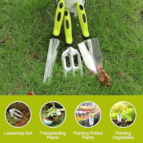 DEWINNER Garden Tools Set, 3pcs Stainless Steel Gardening Tools Kits with Beautiful Box, Planting Tools with Ergonomic Handle, Weeder Tool, Garden Hand Fork, Trowel for Planting