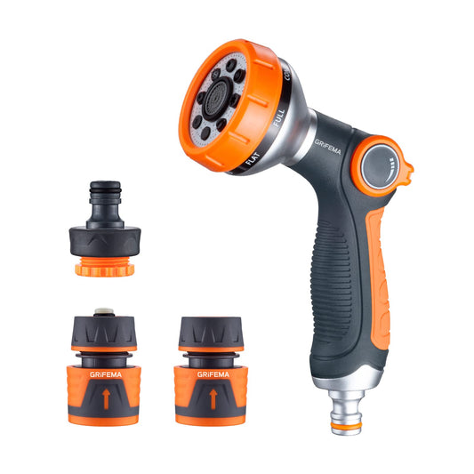 GRIFEMA GE1303-1 Hose Pipe Spray Gun Set, 8 Adjustable Patterns Nozzles, High Pressure Garden Sprayer For Lawn & Garden Watering Equipment Include Hose Connectors, Orange/Black