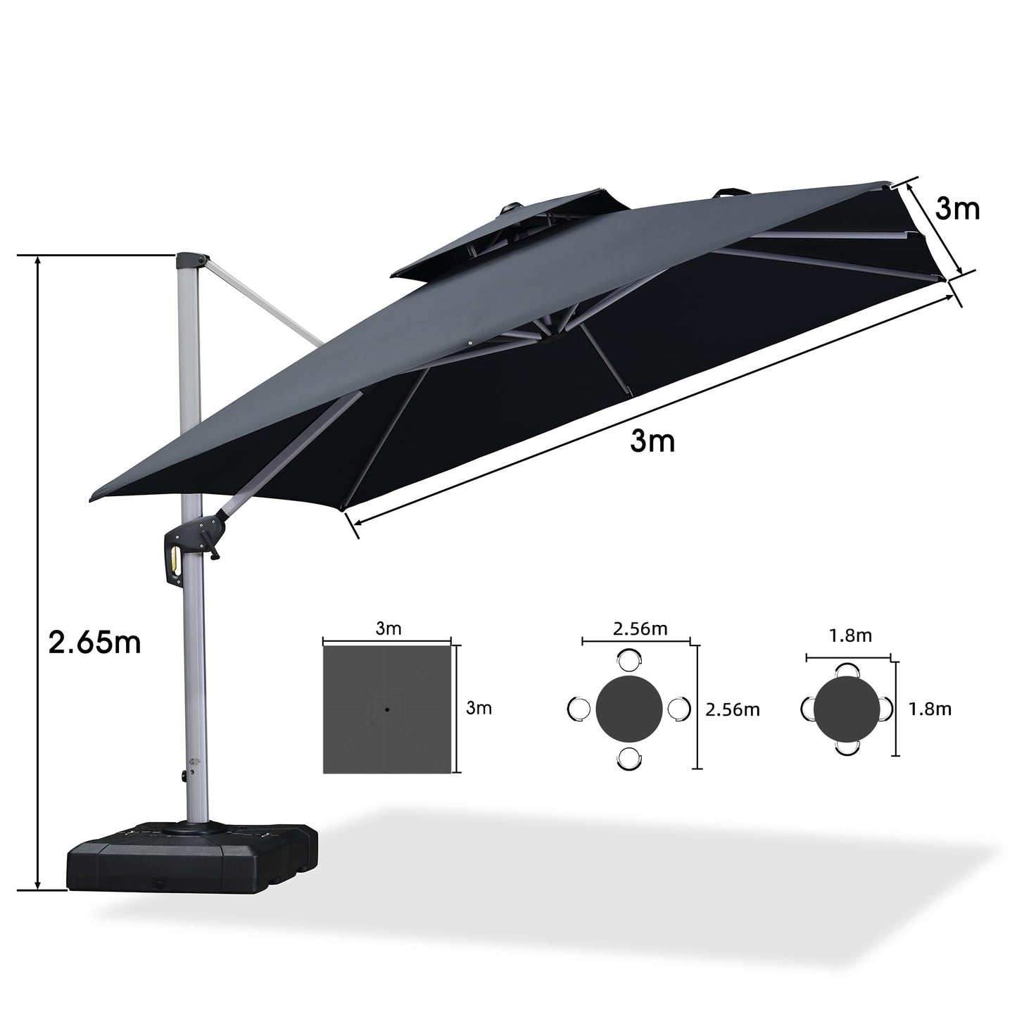 PURPLE LEAF 3 X 3 M Garden Cantilever Parasol, Large Square Overhanging Patio Umbrella with Crank Handle and Tilt for Balcony and Outdoor, Gray