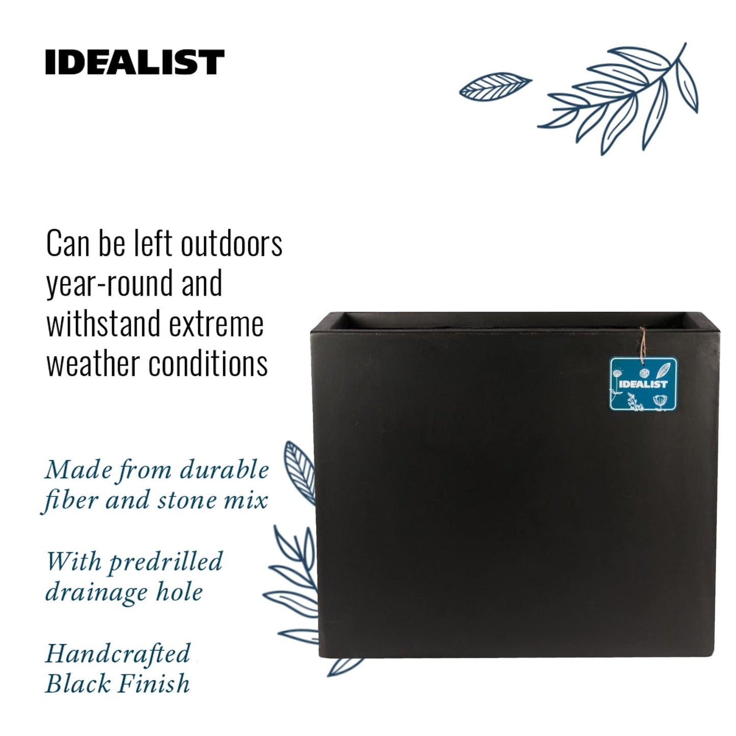 IDEALIST 50cm Trough | Black Reinforced Stone Rectangular Planter | Garden Plant Pots with Drainage Holes L50 W20 H40 cm, 23 litres