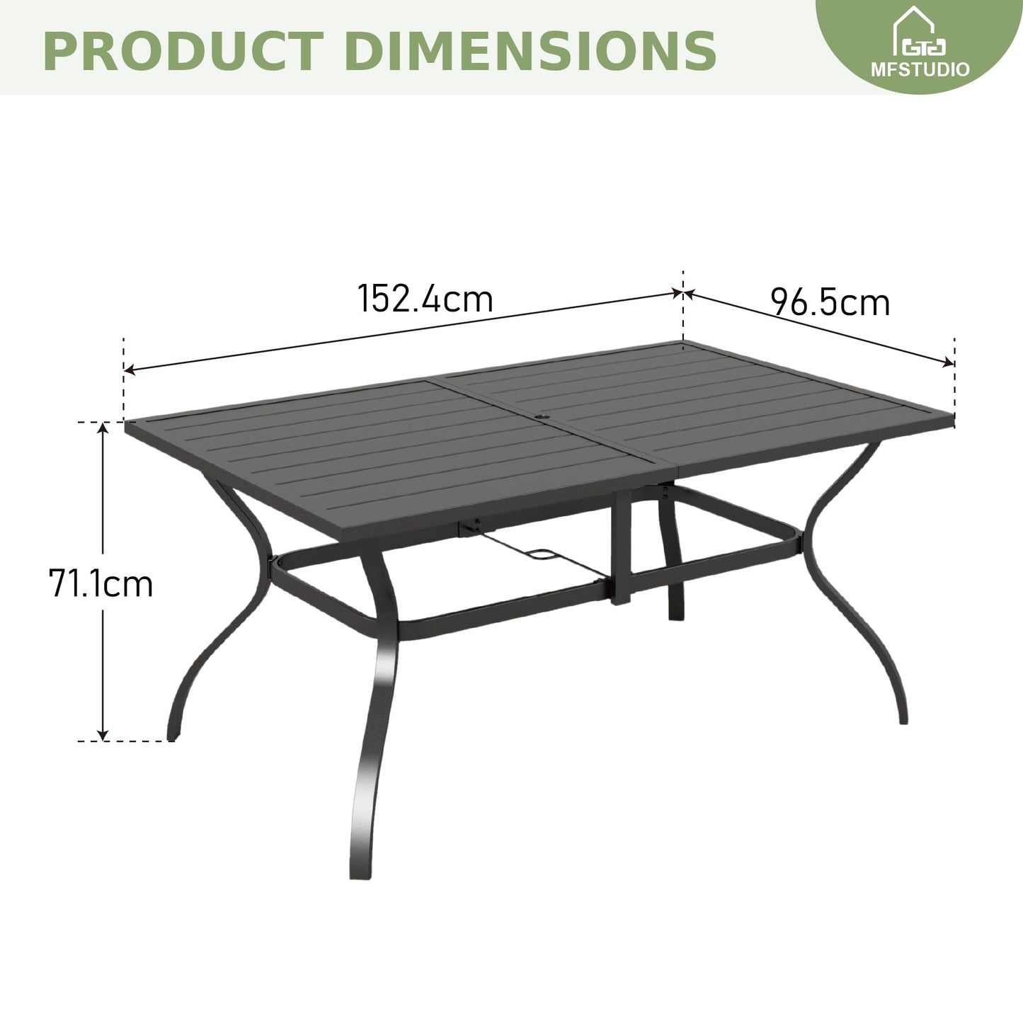 MFSTUDIO 152 x 96 x 71cm Garden Table, Outdoor Dining Table, Metal Rustproof Steel Frame and 4 cm Parasol Hole, for Deck, Backyard, Lawn, Garden (Black)