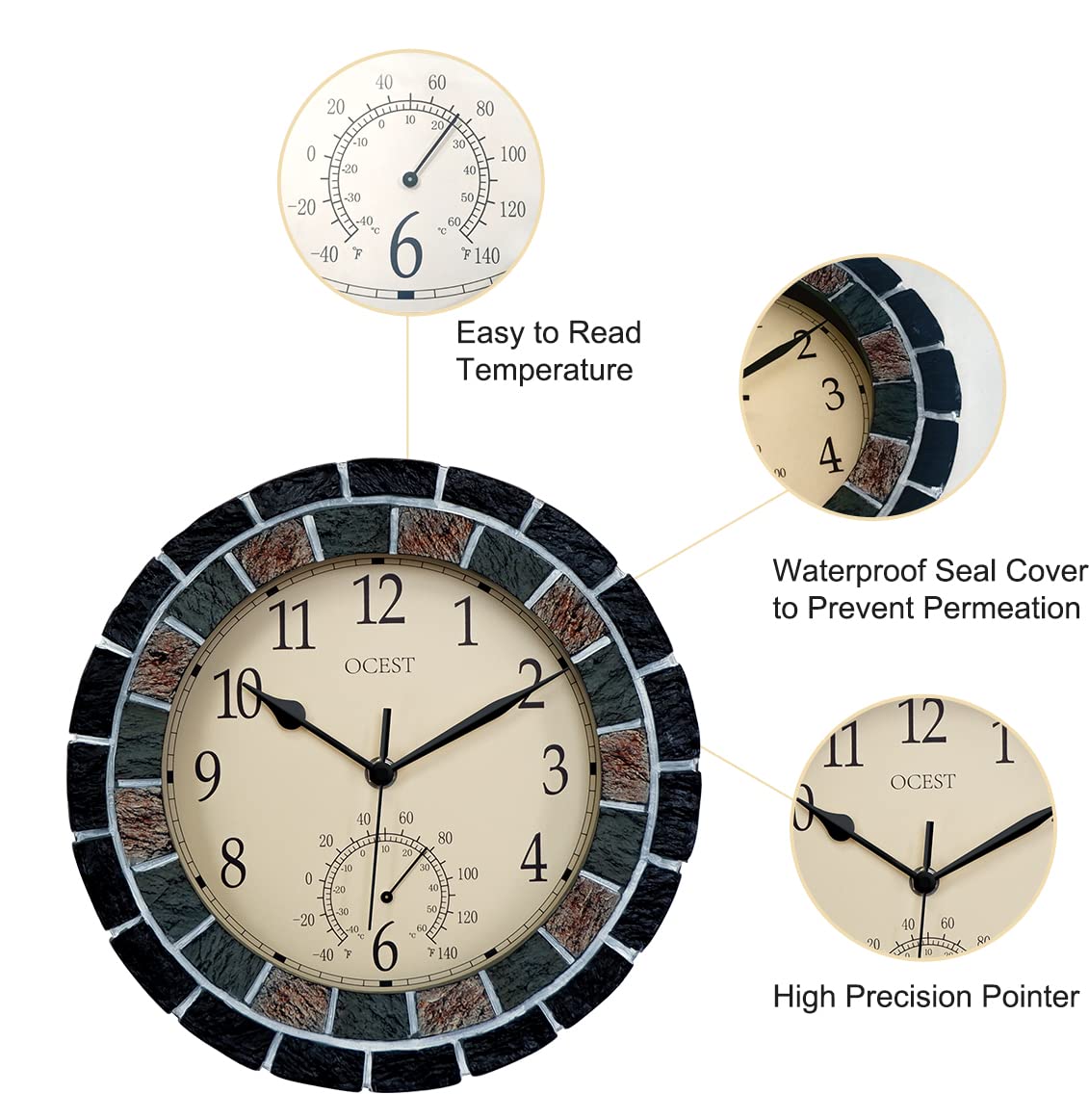 OCEST 10.5 Inch Garden Clock Outdoor Waterproof, Thermometer Silent Non-ticking Battery Operated Wall Clocks Retro Decorative for Pool, Kitchen, Patio