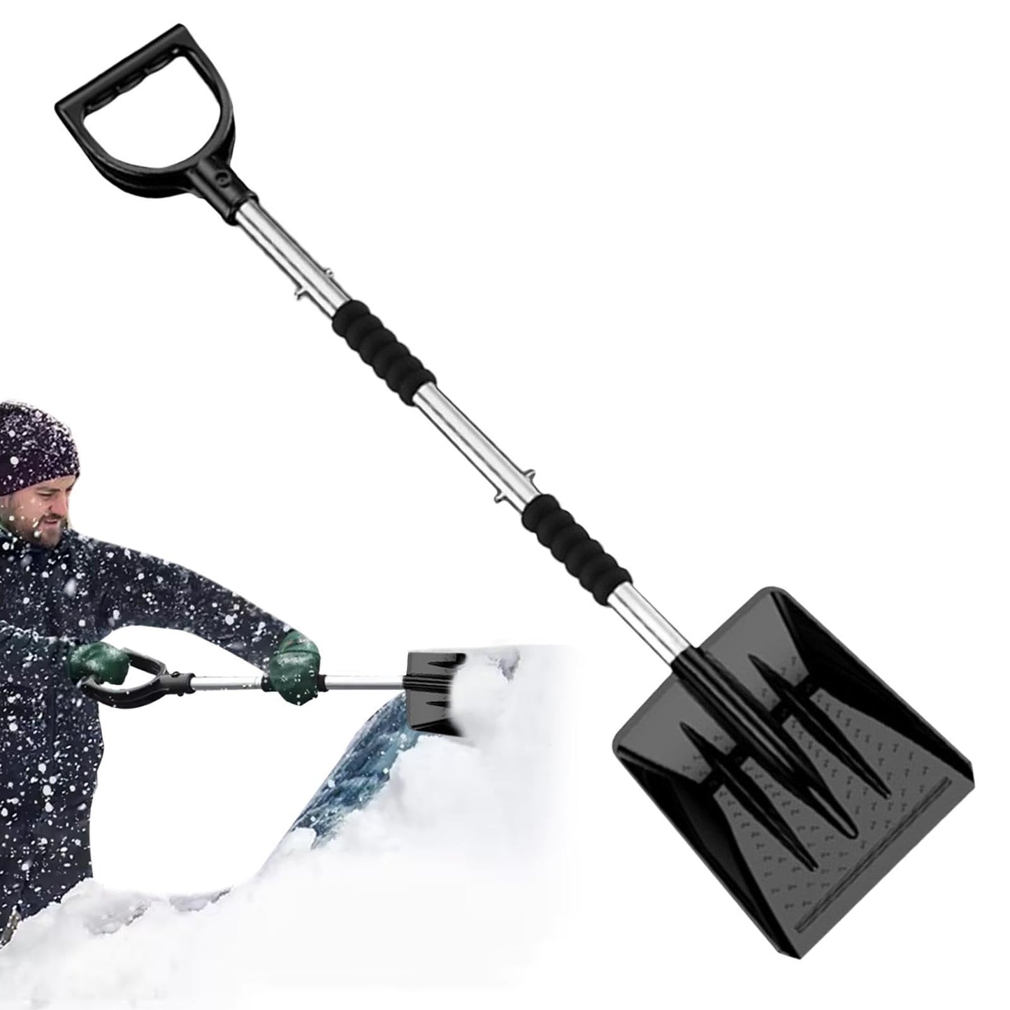 2025 Upgrade Snow Shovel - Detachable 3-Part Adjustable Telescopic Handle, Sand & Mud Removal Tool for Driveway Snow Removal