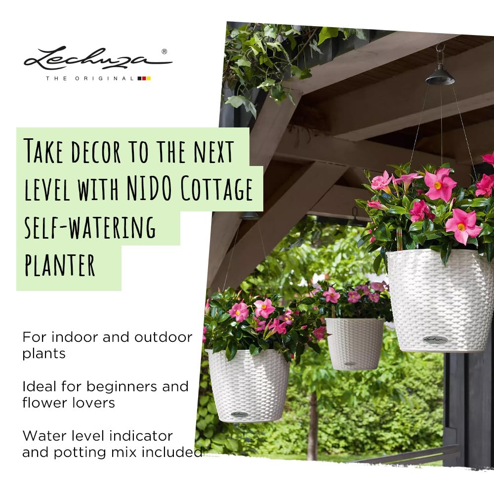 Lechuza Self Watering Hanging Plant Pots NIDO Cottage 28 Rattan Look Plastic Outdoor Indoor Planter with Drainage Hole D27 H23 cm White