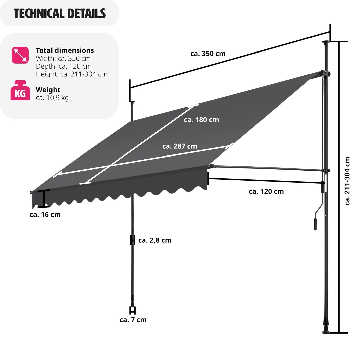 tectake Garden Patio Retractable Awning, Manual with Hand crank, Sun shade Canopy with UV and Rain Resistance, Clamp System with No Drilling Required - black/grey