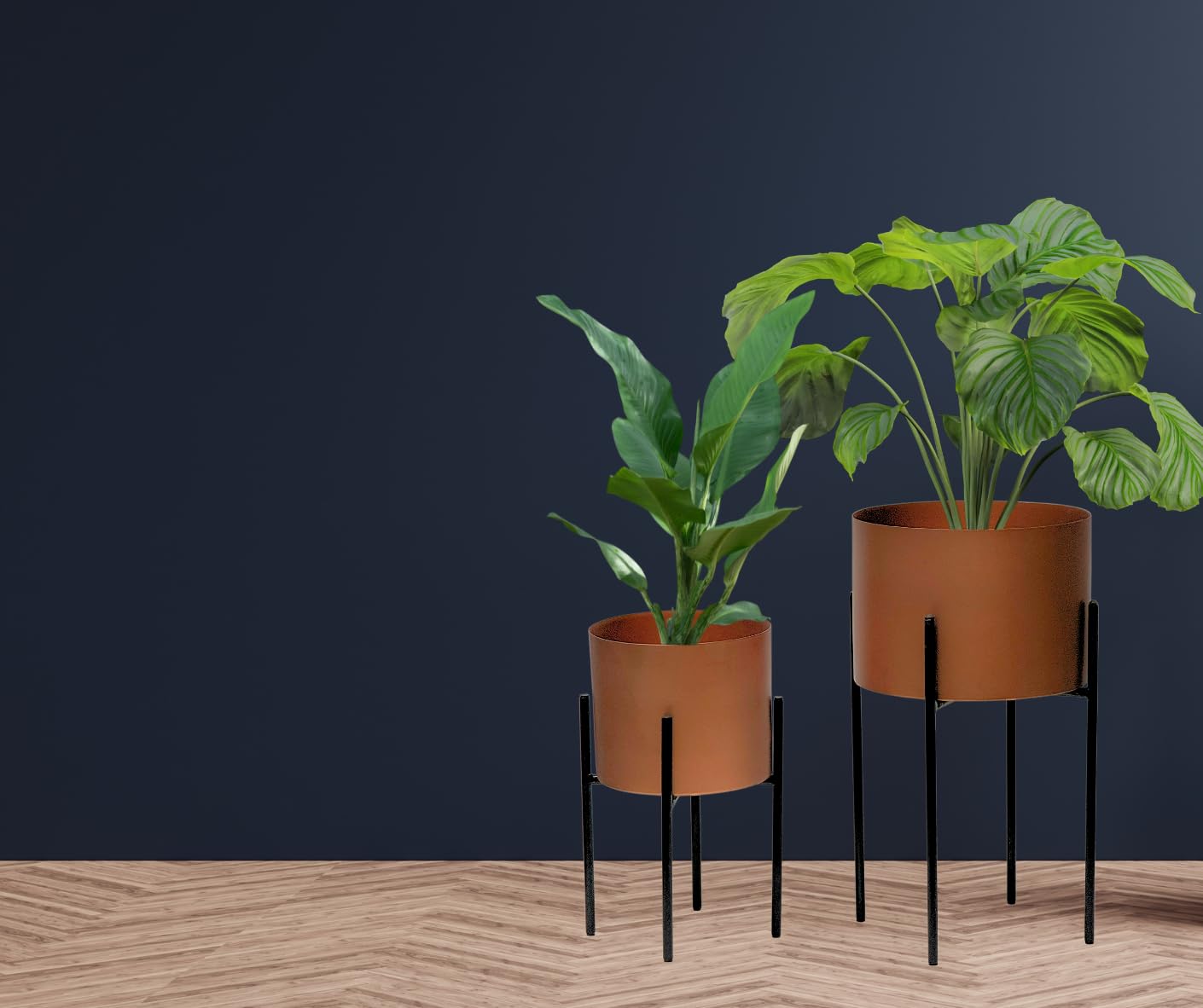 Trendi Set of 2 Versatile Metal Planters With Reversible Stand Plant Pots for Indoor/Outdoor (Bronze/Copper Colour with Black Stand)