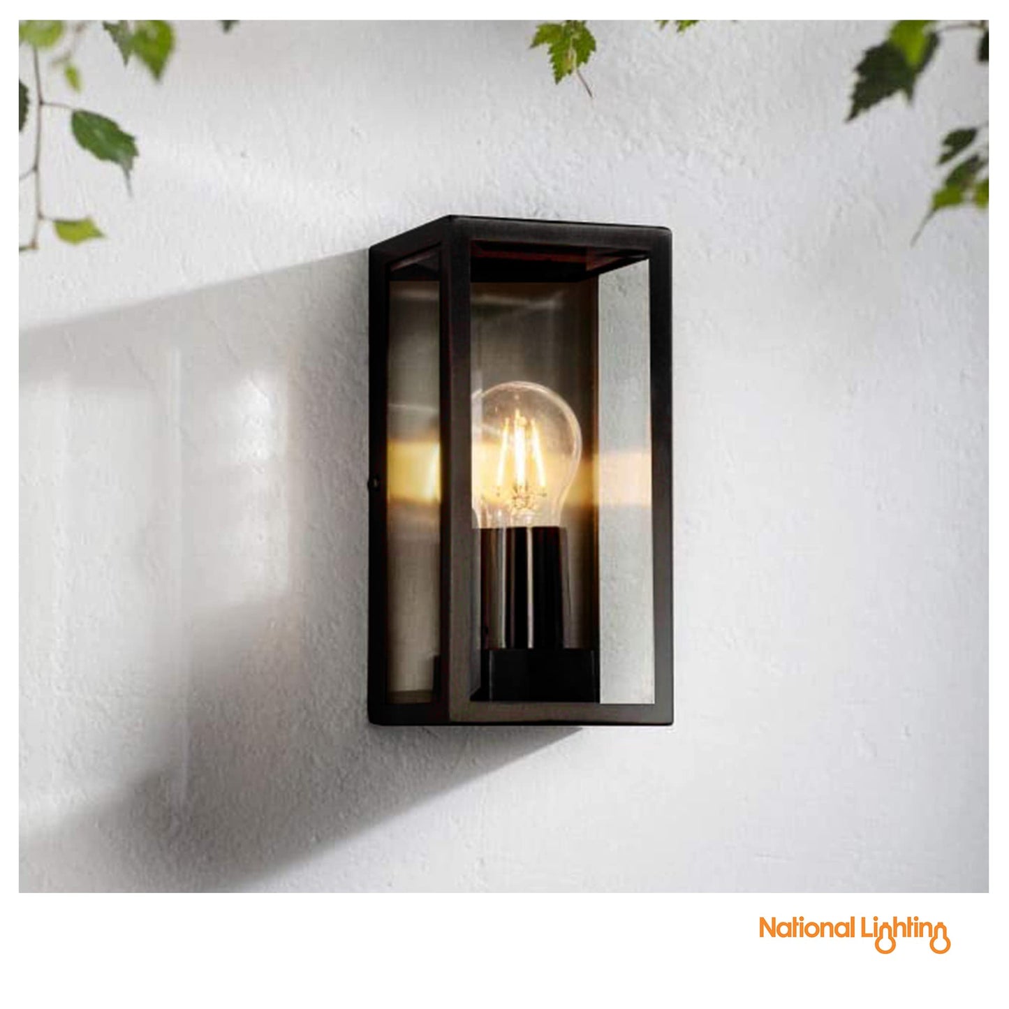 National Lighting Outdoor Wall Light - Matt Black Stainless Steel Boxed Lantern with Glass Panels - IP44 Rated Outside Light - Compatible with 28W 240V E27 Eco GLS or LED E27 (Not Included)