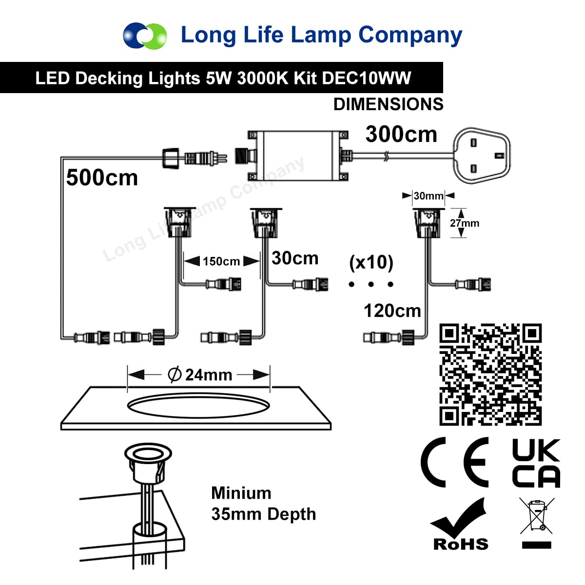 Long Life Lamp Company IP68 Outdoor LED Decking Lights 30mm Round Warm White 3000k 10 Kit DEC10WW